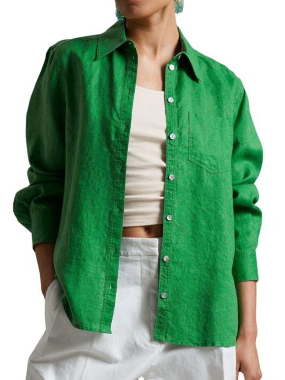 & Other Stories Bright Green 100% Linen Button Down Shirt Size 6